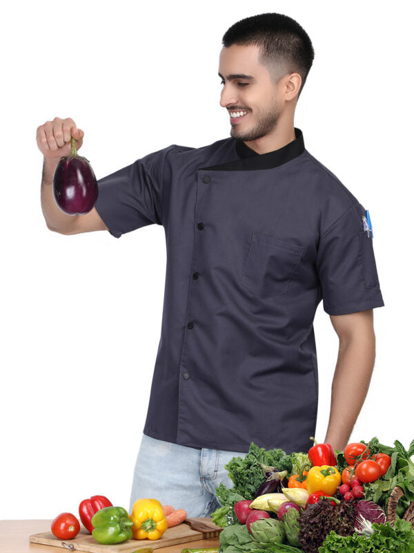 Short Sleeves Contrast Collar Unisex Stylish Chef Cook Coat Jacket